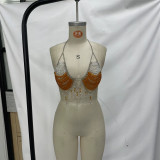 Women Orange White Gradient Beaded Halter Neck Vest Holidays Crystal Corset Top