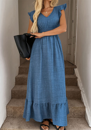 Women Light Blue Square Neck Cascading Ruffles Dress