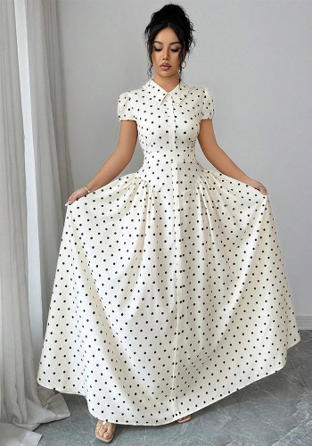 Women Polka Dot Short Sleeve French Summer Maxi Dress