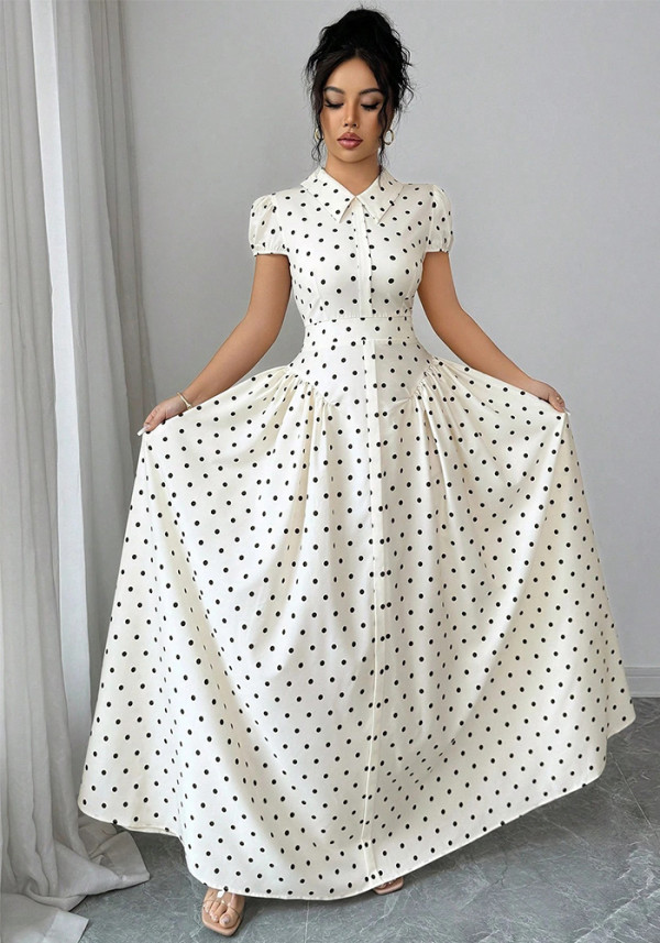 Women Polka Dot Short Sleeve French Summer Maxi Dress