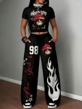 Women Hip Hop Print Short Sleeve Top & Long Pants Two-Piece Set