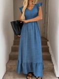 Women Light Blue Square Neck Cascading Ruffles Dress