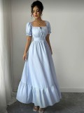 Women Summer Light Blue Square Neck Puff Sleeve Ruffle Holidays Beach Maxi Dress