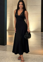 Women Elegant Lace Patchwork Sexy Tie V Neck Backless Dress