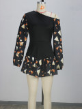 Women Summer Print Patchwork Slash Shoulder Irregular Dress