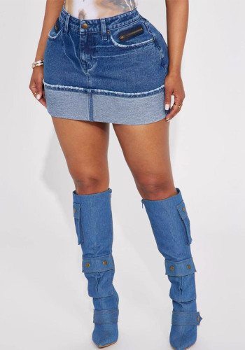 Women Fashion Cuffed Bodycon Denim Skirt