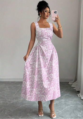 Women Summer Print Square Neck Sleeveless Dress