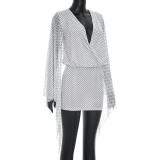 Women Summer Polka Dot Print Mesh Patchwork Long Sleeve Backless Bodycon Dress