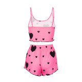 Women Summer Sexy Backless Heart Print Cami Top and Shorts Loungewear Two Piece