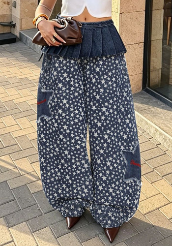 Women Detachable Waistband Star Patch Denim Pant