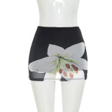 Women Floral Print Halter Neck Backless Tie Top Mesh Skirt Two Piece