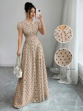 Women Polka Dot Short Sleeve French Summer Maxi Dress