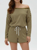Women Spring Summer Stripe Off Shoulder Top and Shorts Two Piece
