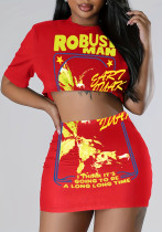 Women Print Short Sleeve T-Shirt Sexy Print Skirt Two-Piece Set