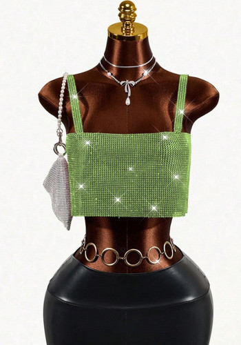 Women Metal Rhinestone Beach Rhinestone Chain Strap Strapless Cami Vest Top