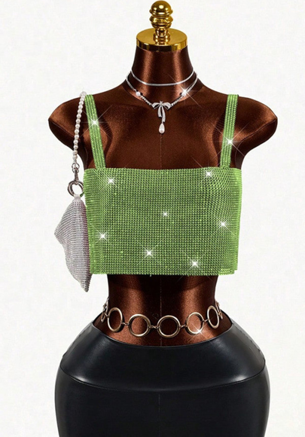 Women Metal Rhinestone Beach Rhinestone Chain Strap Strapless Cami Vest Top
