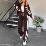 Women Spring Autumn Stand Collar Coat Top and Wide Leg Sweatpants Two Piece