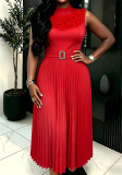 Women Elegant Round Neck Ruffle Edge Waist Pleated Dress