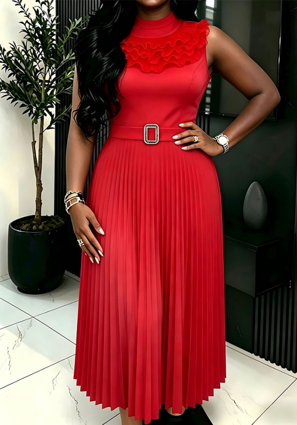 Women Elegant Round Neck Ruffle Edge Waist Pleated Dress