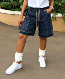 Women Washed Tie Raw Edge Denim Bermuda Shorts