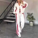 Women Spring Autumn Stand Collar Coat Top and Wide Leg Sweatpants Two Piece