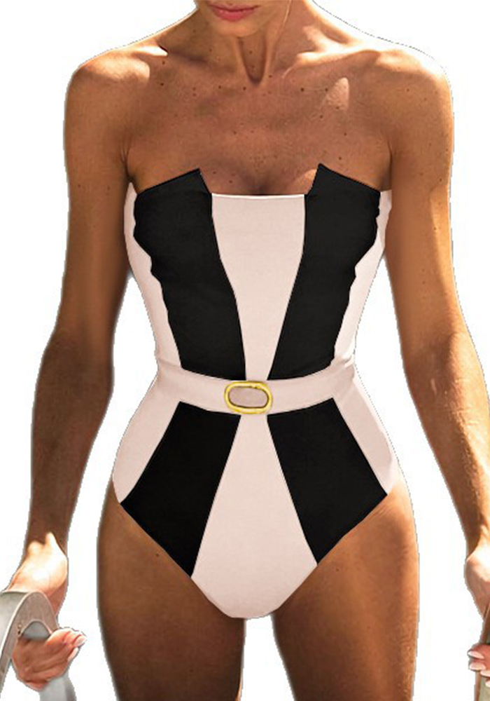 Patchwork Strapless One-Piece Swimsuit for Pool Parties