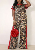 Women Casual Leopard Color Block Short Sleeve Top and Wide Leg Pants Two Piece