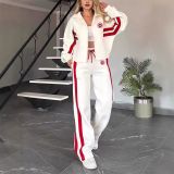 Women Spring Autumn Stand Collar Coat Top and Wide Leg Sweatpants Two Piece