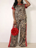 Women Casual Leopard Color Block Short Sleeve Top and Wide Leg Pants Two Piece