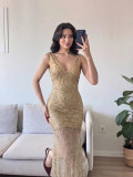 Women Spring Summer Sleeveless V Neck Shiny See-Through Maxi Dress