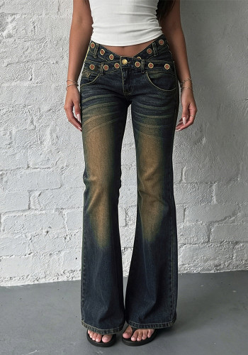 Women American Casual Washed Sexy Hollow Bell Bottom Denim Pant