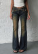 Women American Casual Washed Sexy Hollow Bell Bottom Denim Pant
