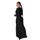 Women High Neck Long Sleeve Slit Beaded Maxi Dress