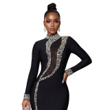 Women High Neck Long Sleeve Slit Beaded Maxi Dress