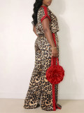 Women Casual Leopard Color Block Short Sleeve Top and Wide Leg Pants Two Piece