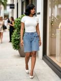 Women Beaded Bow Denim Shorts