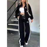 Women Spring Autumn Stand Collar Coat Top and Wide Leg Sweatpants Two Piece