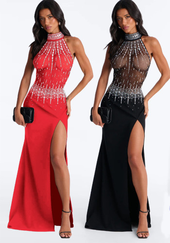 Women Half High Neck Beaded Sleeveless Slit See-Through Mesh Patchwork Dress