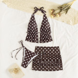 Women Polka Dot Halter Neck V Neck Cut Out Ruffle Bikini Mesh Skirt Three Piece Swimsuit