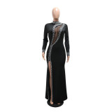 Women High Neck Long Sleeve Slit Beaded Maxi Dress