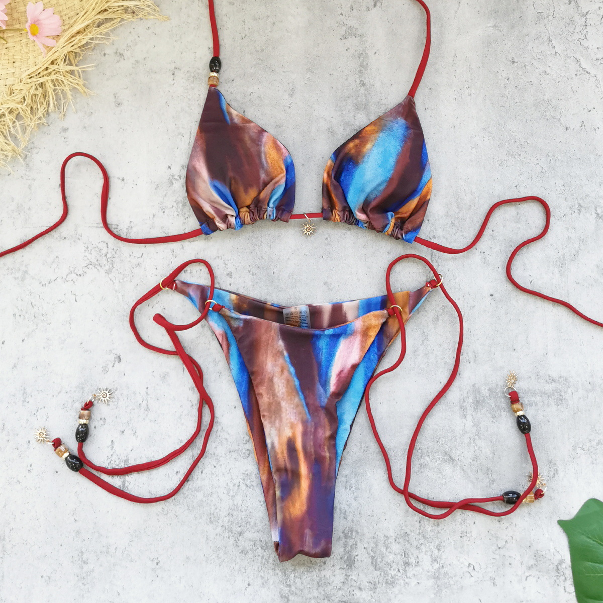 Tie-Dye Print Lace-Up Backless Two-Piece Bikini Swimsuit