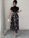 Women Spring Summer Elegant Floral Print High Neck Beaded Dress