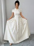 Women Polka Dot Short Sleeve French Summer Maxi Dress