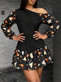 Women Summer Print Patchwork Slash Shoulder Irregular Dress