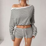 Women Spring Summer Stripe Off Shoulder Top and Shorts Two Piece