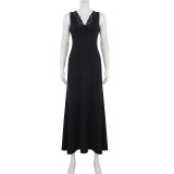 Women Elegant Lace Patchwork Sexy Tie V Neck Backless Dress