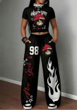 Women Hip Hop Print Short Sleeve Top & Long Pants Two-Piece Set