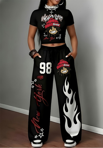 Women Hip Hop Print Short Sleeve Top & Long Pants Two-Piece Set
