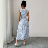 Women Summer Print Square Neck Sleeveless Dress