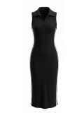 Women Polo Neck Sleeveless Ribbed Bodycon Dress